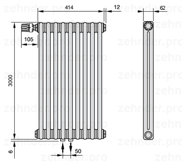 Схема (чертеж) Радиатор Zehnder Charleston 2300/9 №V007 Белый глянцевый RAL 9016
